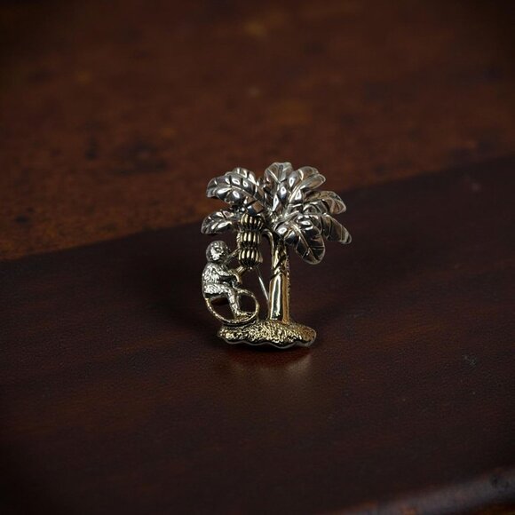 Vintage MJ Silver / Gold-Tone Monkey & Banana Tree Brooch Pin / Pendant - Picture 4 of 12